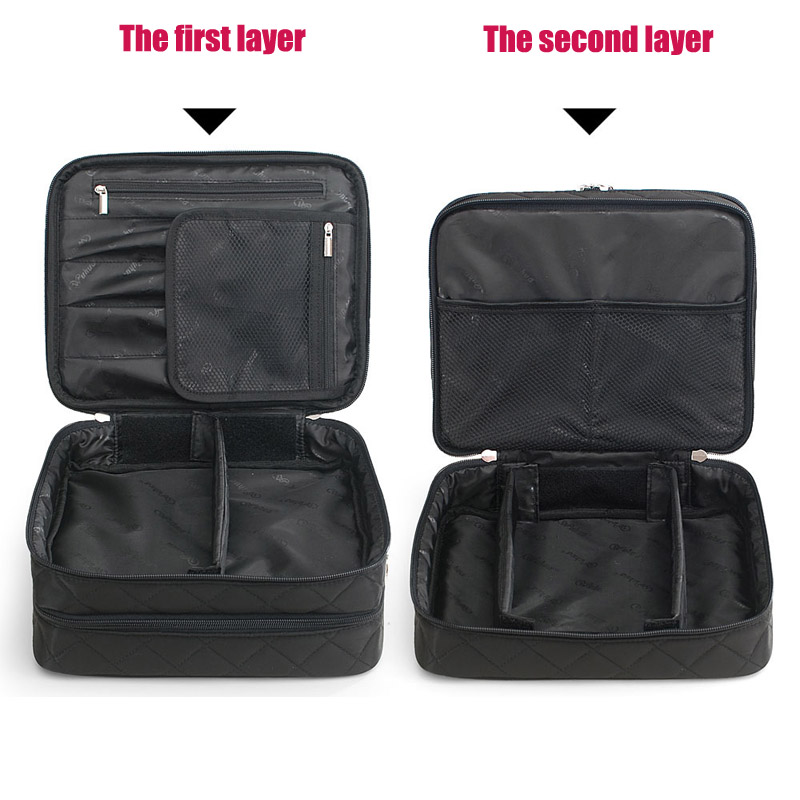 HMUNII Large Capacity Cosmetic Bag Makeup brush Organizer Double Layer Dot Pattern Travel Toiletry Bag Organizer With Mirror