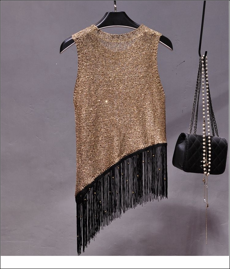 2018 O Neck Sleeveless Irregular Knitted Tanks Tops Women Sequined Shiny Gold Tanks Women Fashion Tassels Shiny Gold Camis Vest Q190403