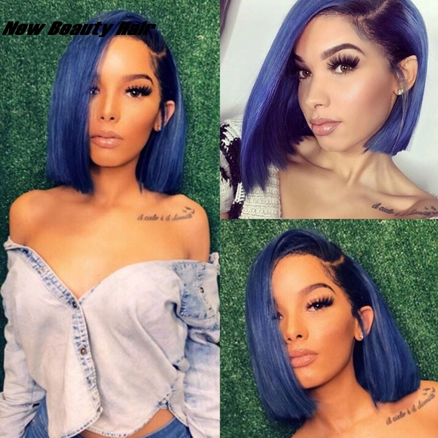 Hot Popular Natural Looking Blue Short Bob Side Part Synthetic Wigs with baby hair Lace Front Wigs for Black Women cosplay party