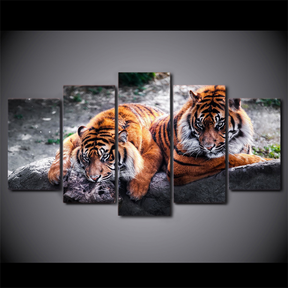 Wall Art Canvas Painting Style Wall Pictures 5 Panel Animal Two Tiger Landscape For Living Room Modern Decoration Paintings No Frame