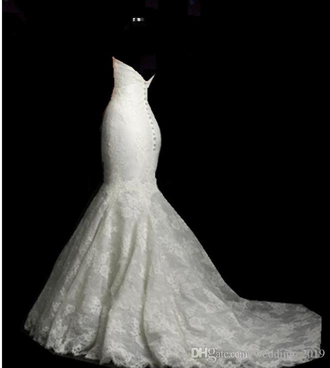 Sexy Mermaid Wedding Dresses White Decals Lace Button Back Custom Made Bridal Gowns Wedding Bride Dresses