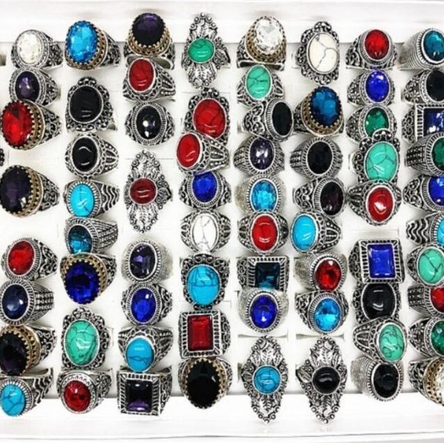 20pcs/pack mix style antique silver mens womens fashion jewelry rings vintage stone gemstone ring party gift wholesale