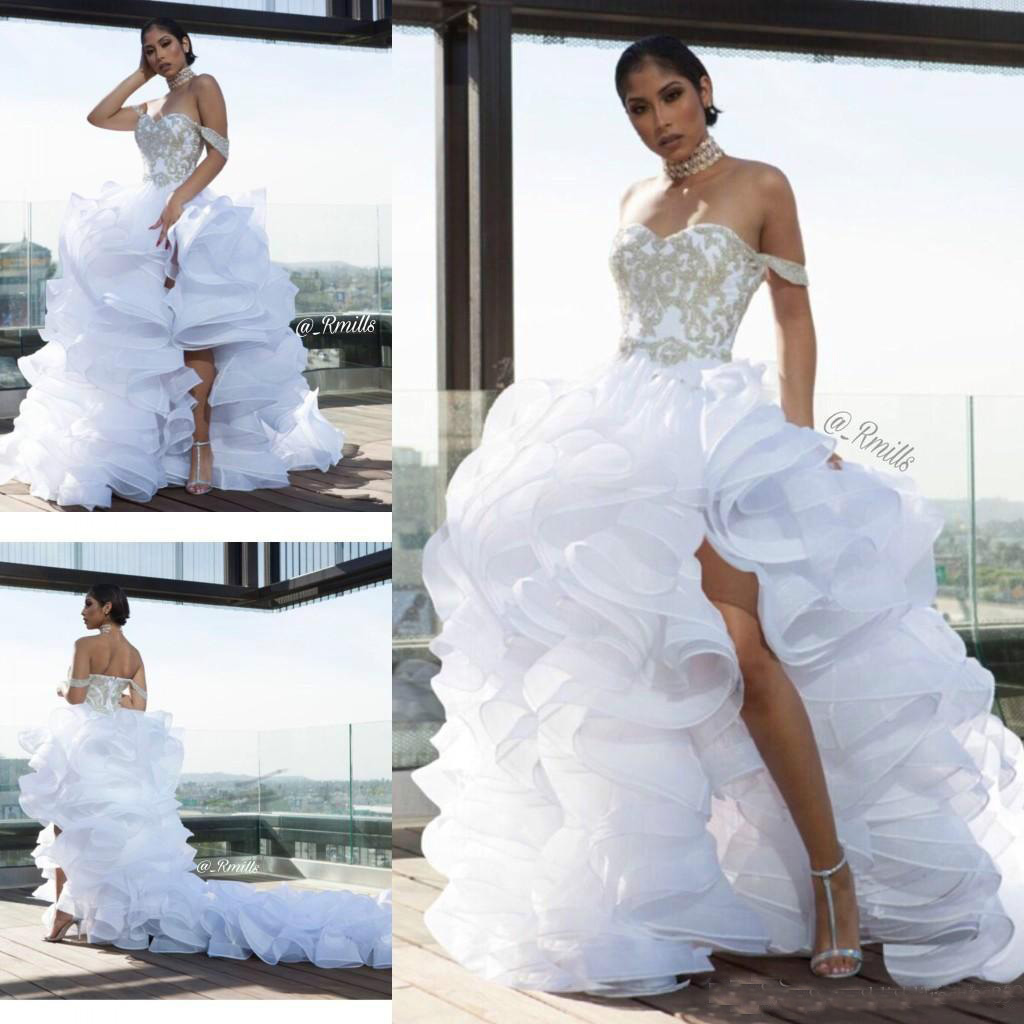 Luxurious Split High Low Ruffle Wedding Dresses Lace Organza Tiers Arabic Middle East Plus Size vestido de noiva Bridal Gown Ball For Bride