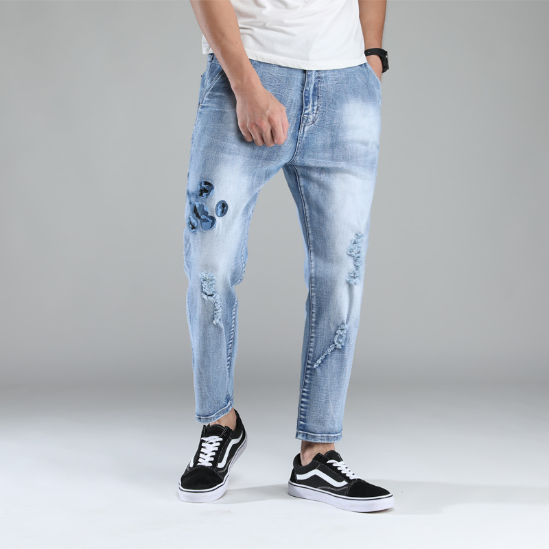 Spring and summer cropped jeans men's plus, Light blue