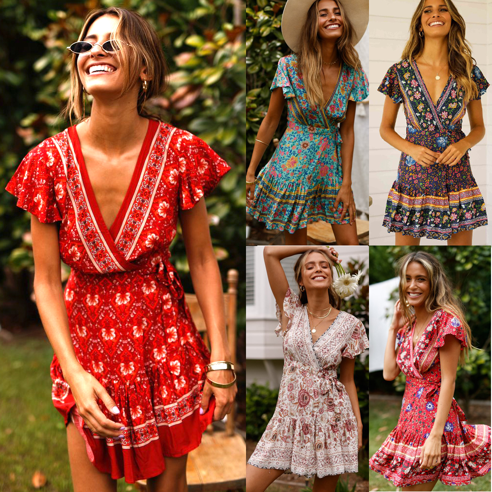 Bohemian Dress Sexy Boho Casual Beach Sundress Women Floral Printed Vintage Sweet Kawaii Dress Ruffles Lace Up Femme