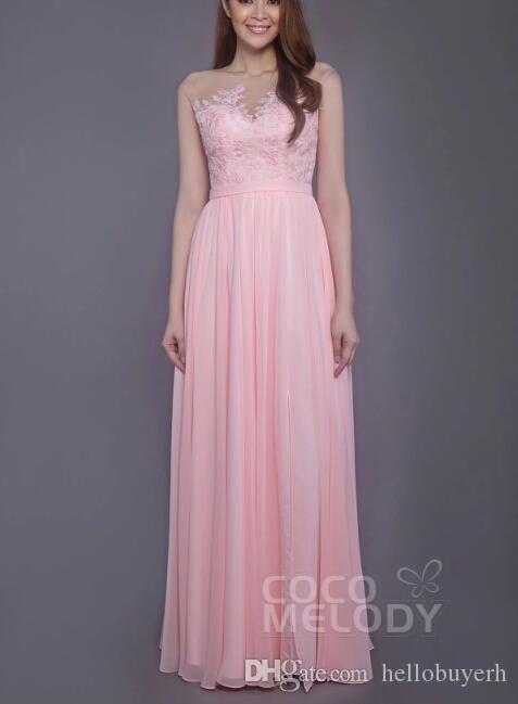 A Line Pink Bridesmaid Dress Long Split Front Lace Top Party Prom Dresses Chiffon Vestido De Novia Evening Gowns