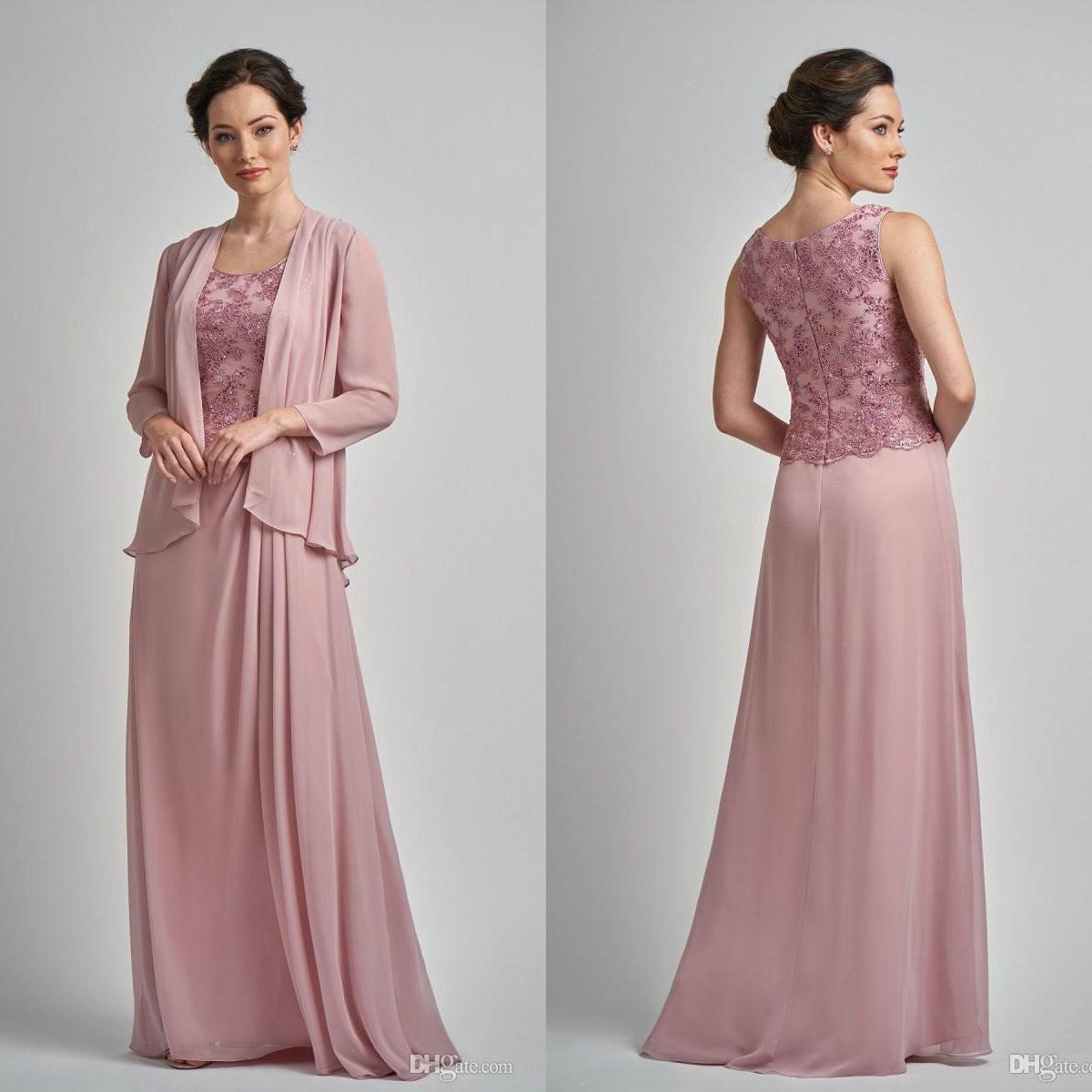 Pink Mother of the Bride Dresses With Chiffon Jacket Scoop Neck Long Sleeve Lace Mothers Dress Floor Length Wedding Guest Gowns Custom