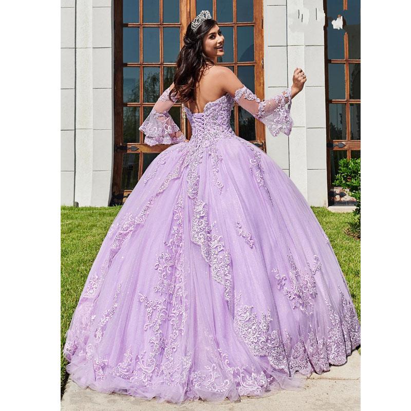 Popular Lavender Long Sleeves Quinceanera Dresses 2020 New Lace Applique Plus Size Lace Up Church Bridal Wear Sweet 16 Prom Gowns