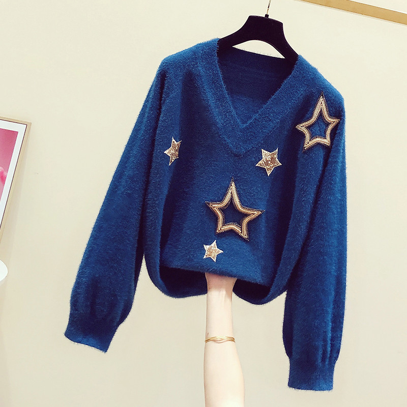 New Korean V-collar Pentagonal Sequins Sweater Women Mink-like Velvet Knitted Sweaters Girls Leisure Winter Knitting Pullover, Blue
New Korean V-collar Pentagonal Sequins Sweater Women Mink-like Velvet Knitted Sweaters Girls Leisure Winter Knitting Pullover, Blue