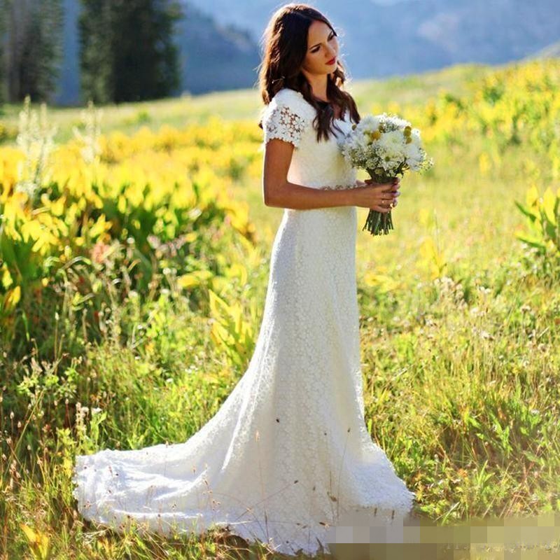 Country Full Dresses Lace Short Sleeves V Neck Sweep Train Ribbon Beads Crystals Wedding Bridal Gown Vestido De Novia Estido