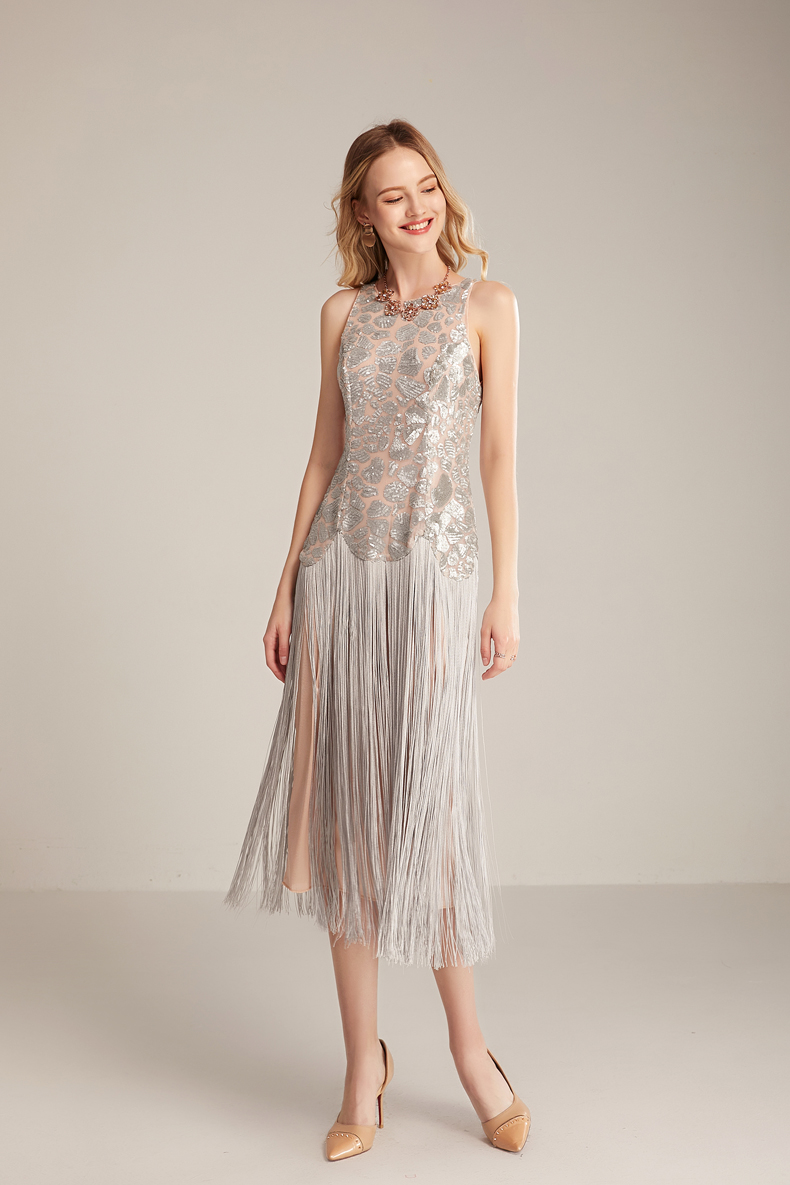 Women's Runway Dresses O Neck Sleeveless Sequined Bodice Tassels Detailing Elegant Fashion Mid Calf Party Prom