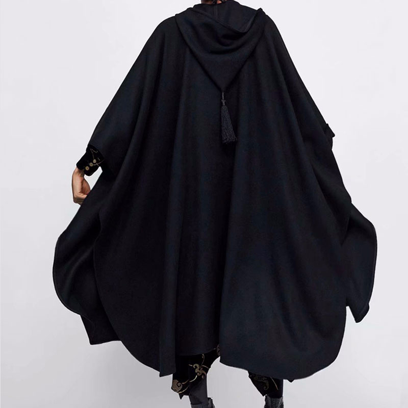 Winter Cloak Hooded Trench Coat Thick Woolen Women Gothic Cape Poncho Coat Open Cardigans Female Tassel Long Trench Overcoat