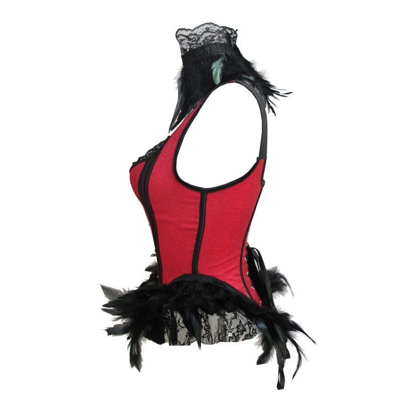 Women 3pcs Set Vintage Corset Top with Feathers Cape and Collar Outfit Halloween Burlesque Party Halterneck Side Hip Curve Overbust Corset