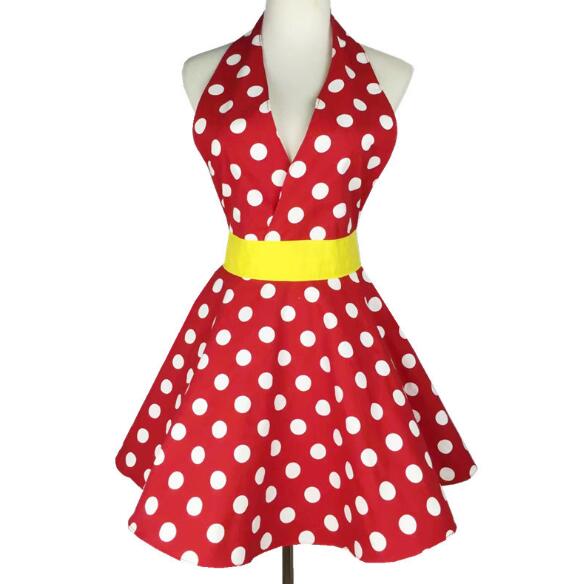 Retro Kitchen Apron Woman Cotton Polka Dot Cooking Apron Vintage Cute Lady Bib Cotton Apron Dress