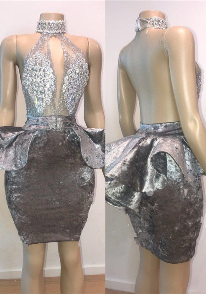 Gray Velvet Short Prom Dresses Sheath High Neck Sequins Crystals Glitters Backless Mini Evening Gowns Plus Size Homecoming Dress