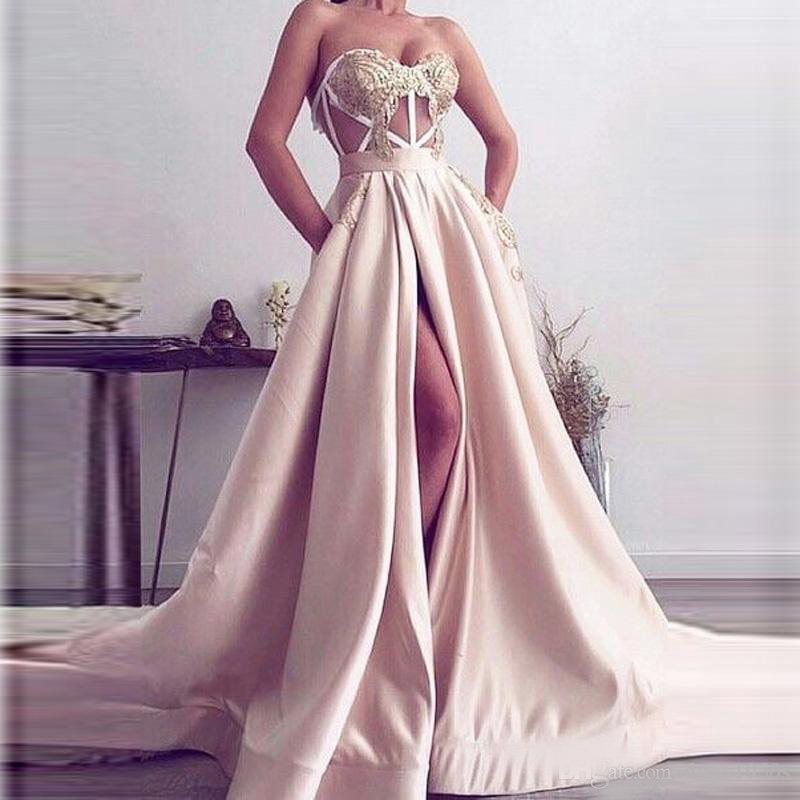 Blush Pink Simple Prom Dress High Leg Split with Pockets Gold Appliques see through back Special Formal Maxi Gowns Vestido Noiva