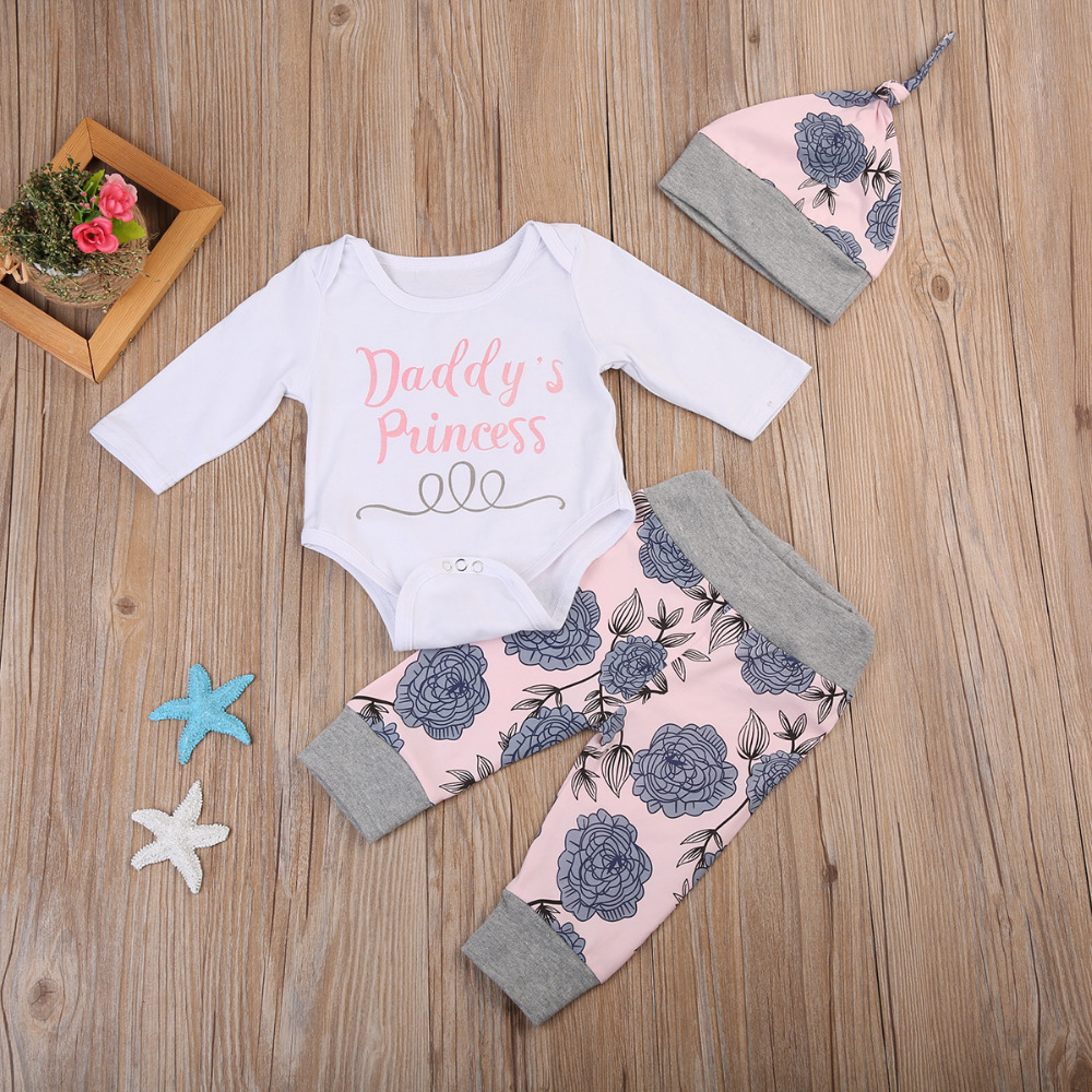 Infant Newborn Baby Girls Clothing Set Long Sleeve Tops Romper Pants Hat Outfits Cotton Baby Girl Clothing Toddler Baby Clothes