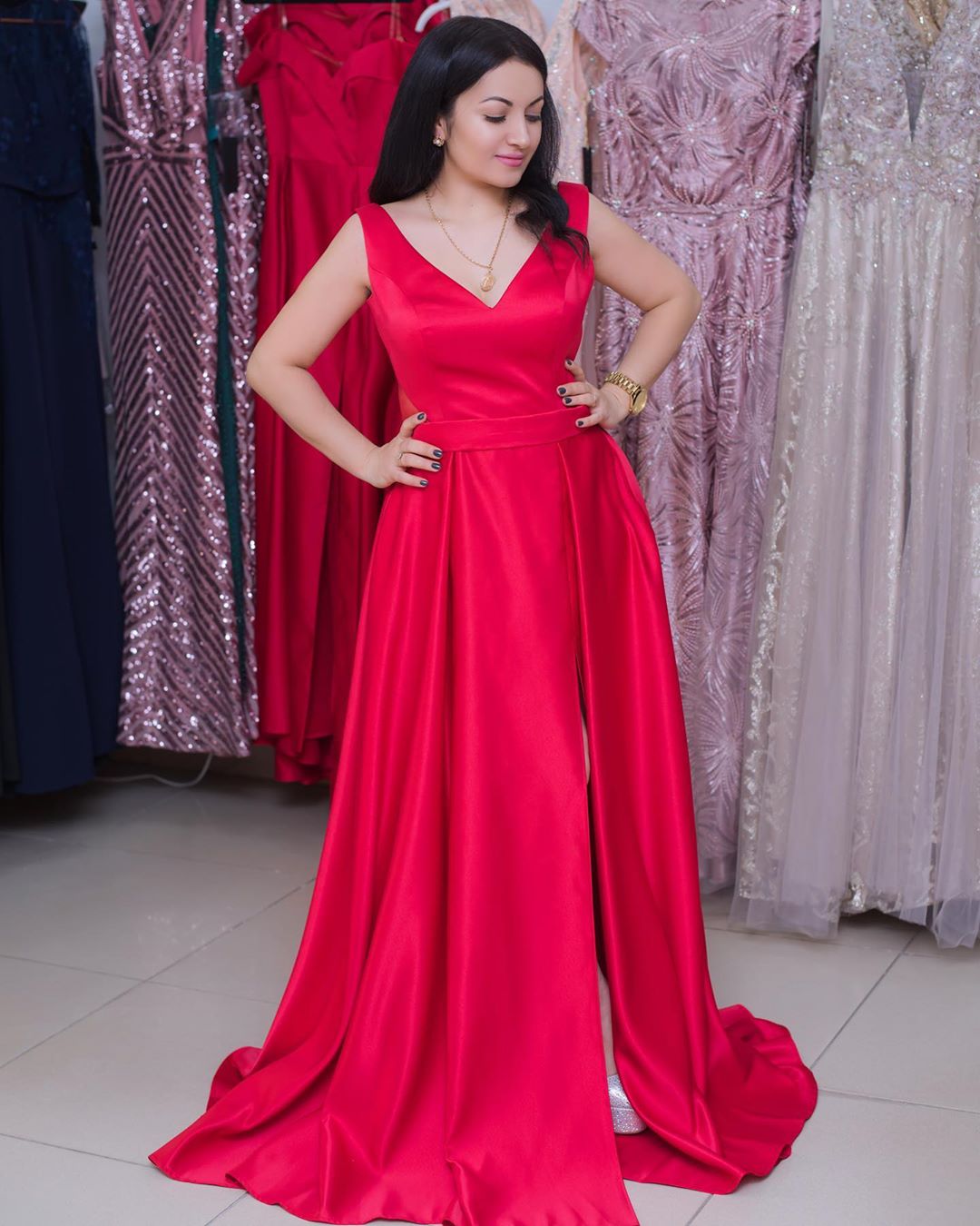 Simple Red Prom Dress Long Slit A-Line V-Neck Evening Dresses Party Gowns Vestidos De Gala noite 2020