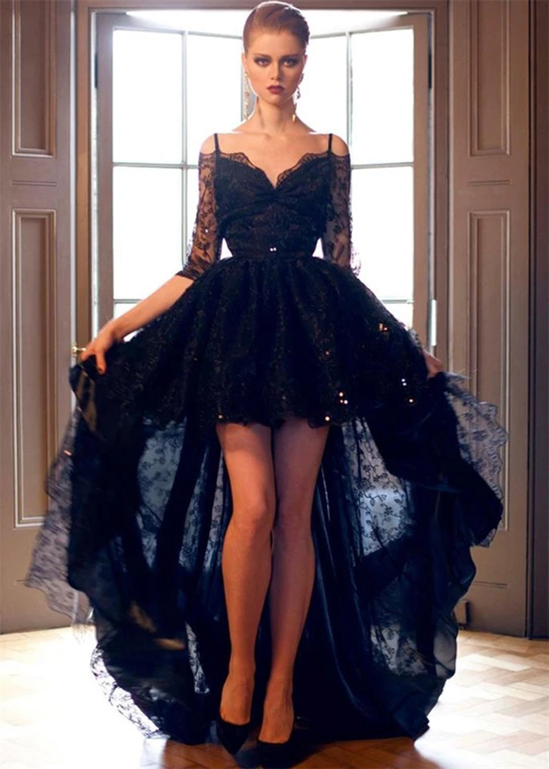 Charming Black High Low Prom Homecoming Dresses with Half Sleeves Off-the-shoulder Long Asymmetry Prom Cocktail Party Gowns