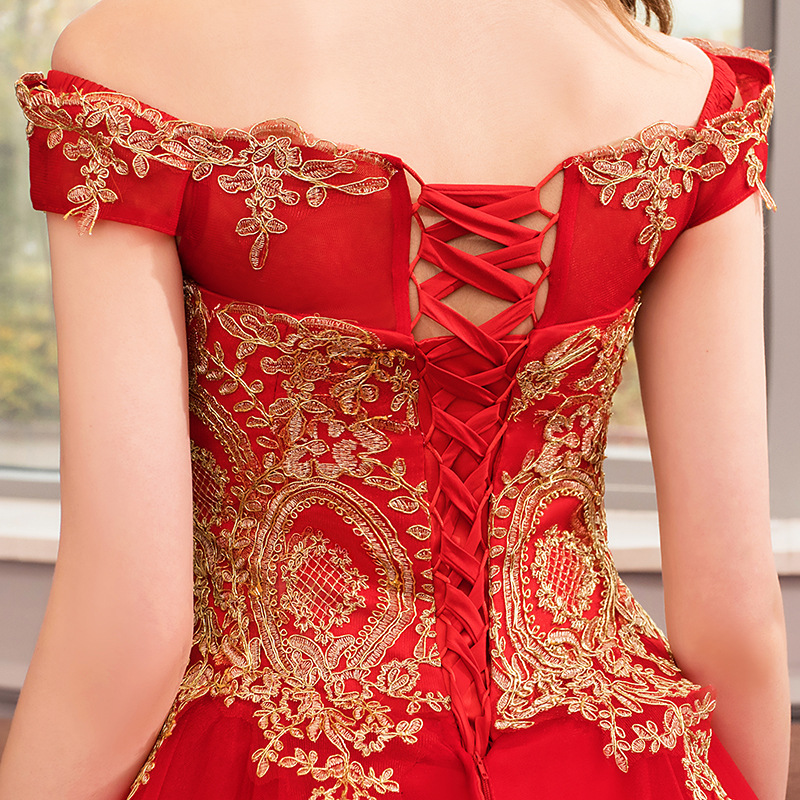 Vintage Red And Gold Lace A-line Wedding Dresses Off The Shoulder Lace-up Back Floor Length Long Train Princess Backless Bridal Gowns