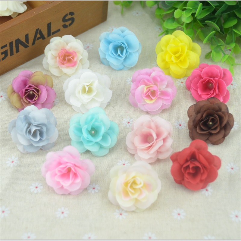 100 Pcs 4.5cm Handmade Mini Artificial Silk Rose Flowers Heads Scrapbooking Flower Kiss Ball For Wedding Decorative