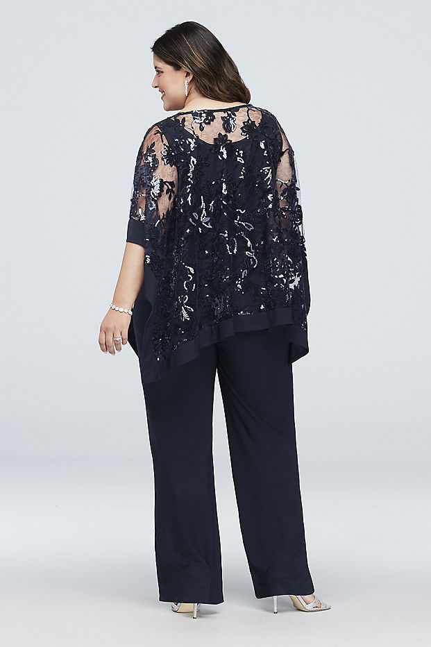 Navy Blue Plus Size Mother Of The Bride Pant Suits With Wrap Sequined Wedding Guest Dress Three Pieces Chiffon Mothers Groom Dresses
