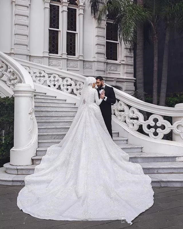 Modern Muslim Wedding Dresses Mermaid Lace Long Sleeve High Collar Saudi Arabic Bridal Dress With Hijab Veils Custom Made Vestidos De Novia