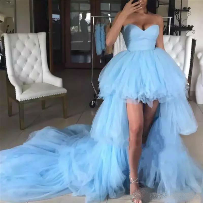 Light Blue Sweetheart Prom Dresses 2019 Hi Lo Tiered Skirts Sweep Train Evening Dress Special Occasion Party Gowns