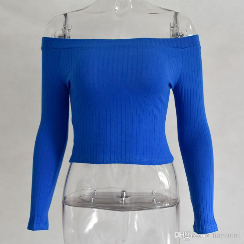 2020 Women Off Shoulder Crop Top T Shirts Long Sleeve Short T-shirts For Women Clothing Fashion Black T-shirt Tops Tees Korean Style