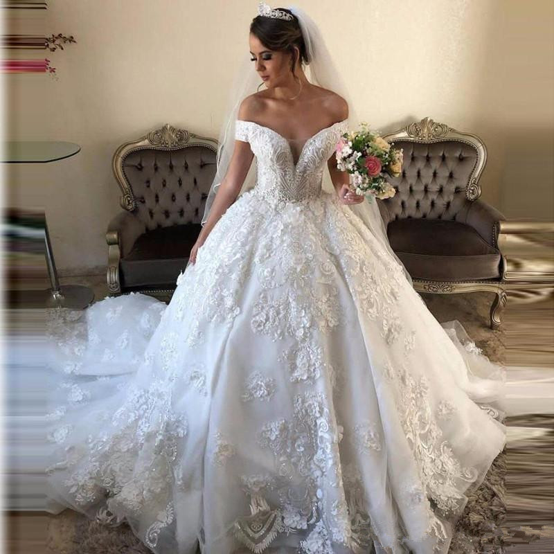 3d floral appliqued lace wedding dresses off the shoulder bridal gown a line court train wedding dress robes de marie