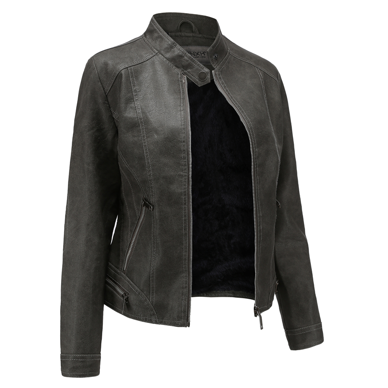 Women Leather Jacket Slim Vintage Matte Leather Coat Wool Inner Winter Suede Stand Collar Motor Biker Outerwear Jacket Fashion