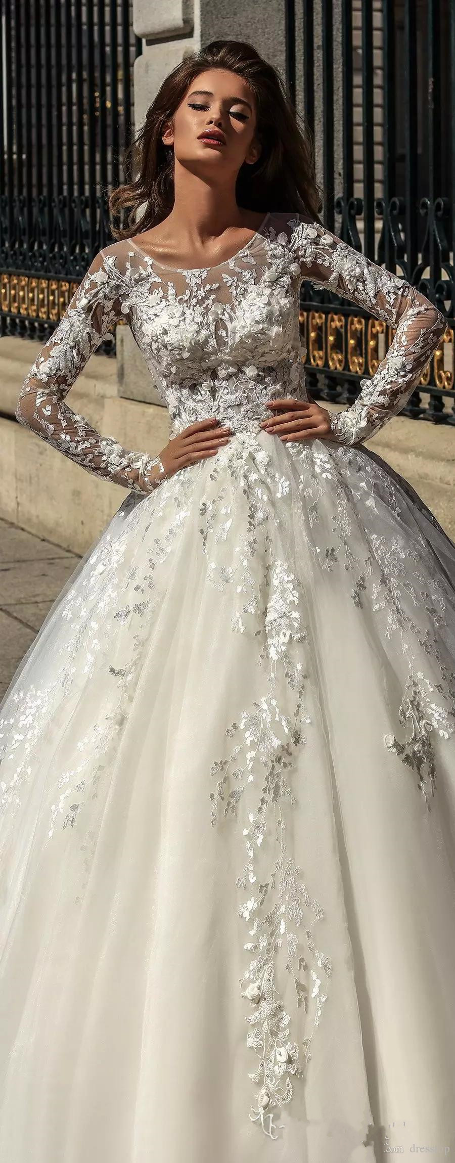 2019 New Long Sleeve Mila Nova Lace Wedding Dresses Scoop Neck Appliques Court Train Bridal Gowns Vestido De Novia Custom Wedding Dress