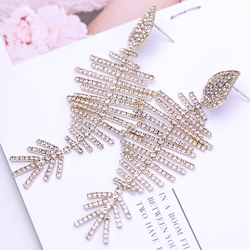 Shiny Bling Fish Skeleton S925 Silver Needle Dangle Drop Earrings New Style White Zircon Gold Plated Earring Jewelry Wholesale