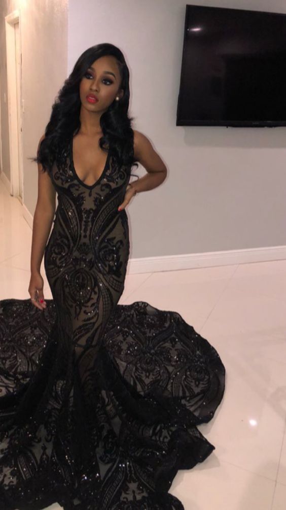 Sexy Black Sequined Mermaid Prom Dresses V Neck Sleeveless Evening Gowns Sweep Train African Luxury Pageant Party Gowns Custom