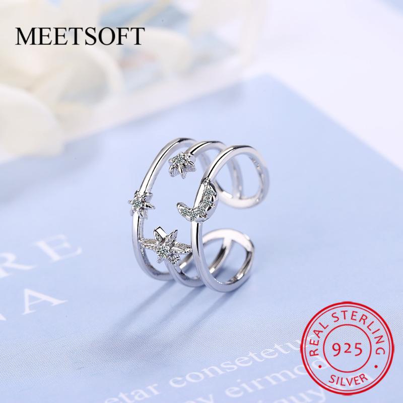 Cluster Rings 925 Sterling Silver Opening Ring For Women Simple Adjustable Circle Crystal Double Layer Moon-Star Jewelry Gift
