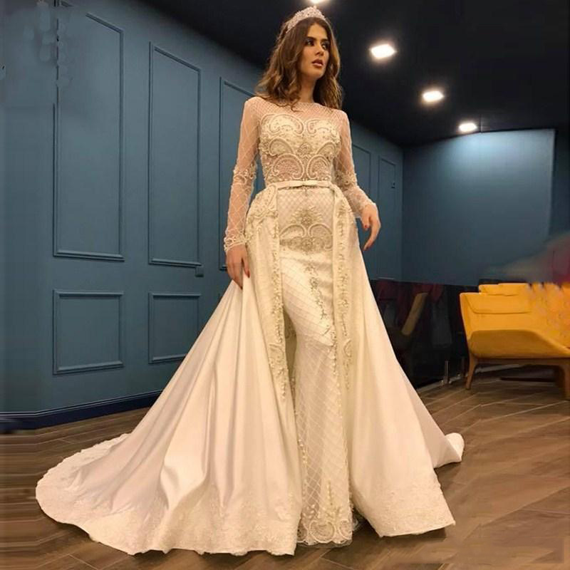 Vintage Mermaid Wedding Dresses with Detachable Train 2020 Long Sleeve Illusion Bodice Beaded Appliques Long Bridal Gowns robe de mariée