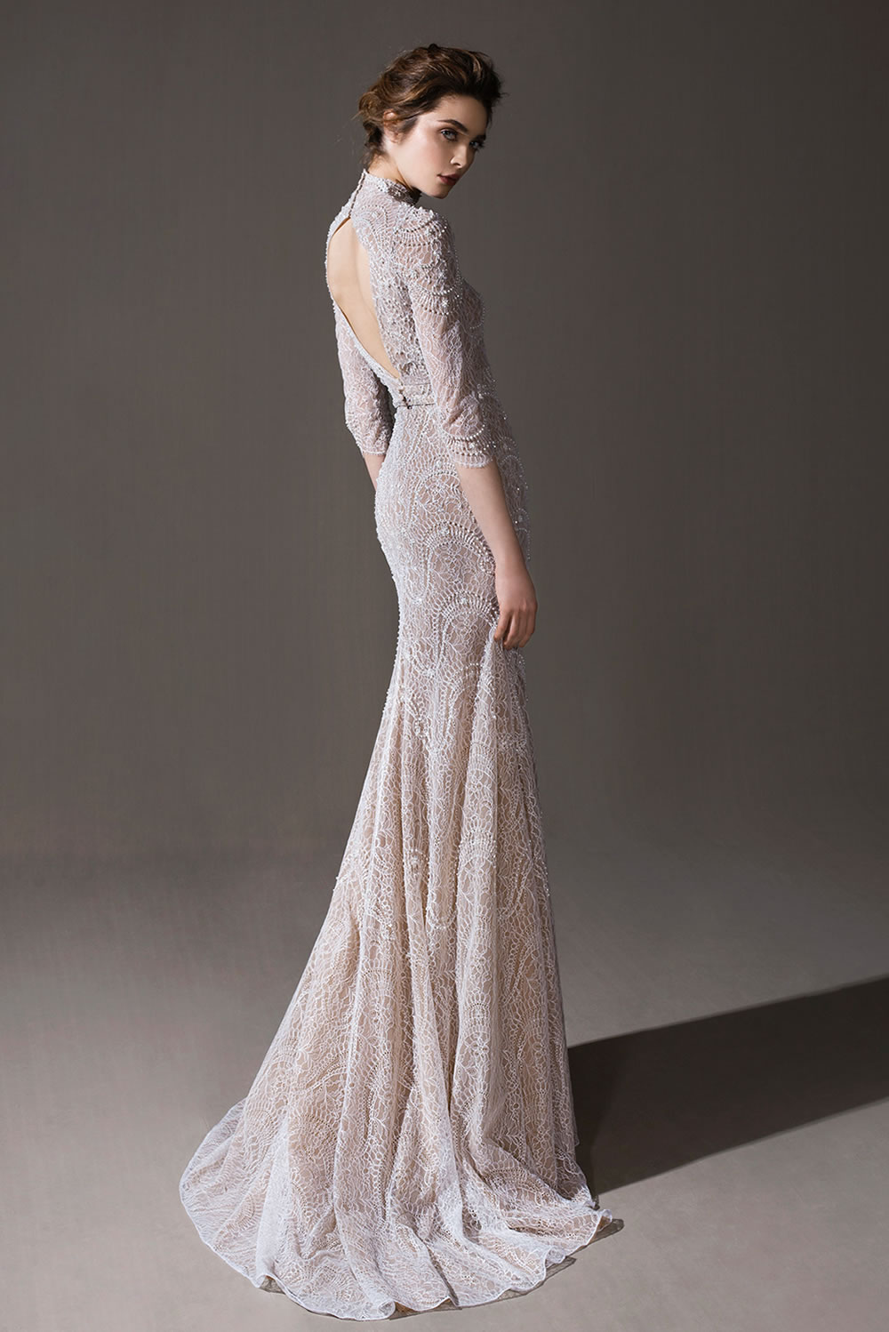 2020 Mermaid Wedding Dress With Detachable Train High Neck Appliqued Beaded Bridal Gown 3/4 Long Sleeves Open Back Ruffle Vestidos De Novia