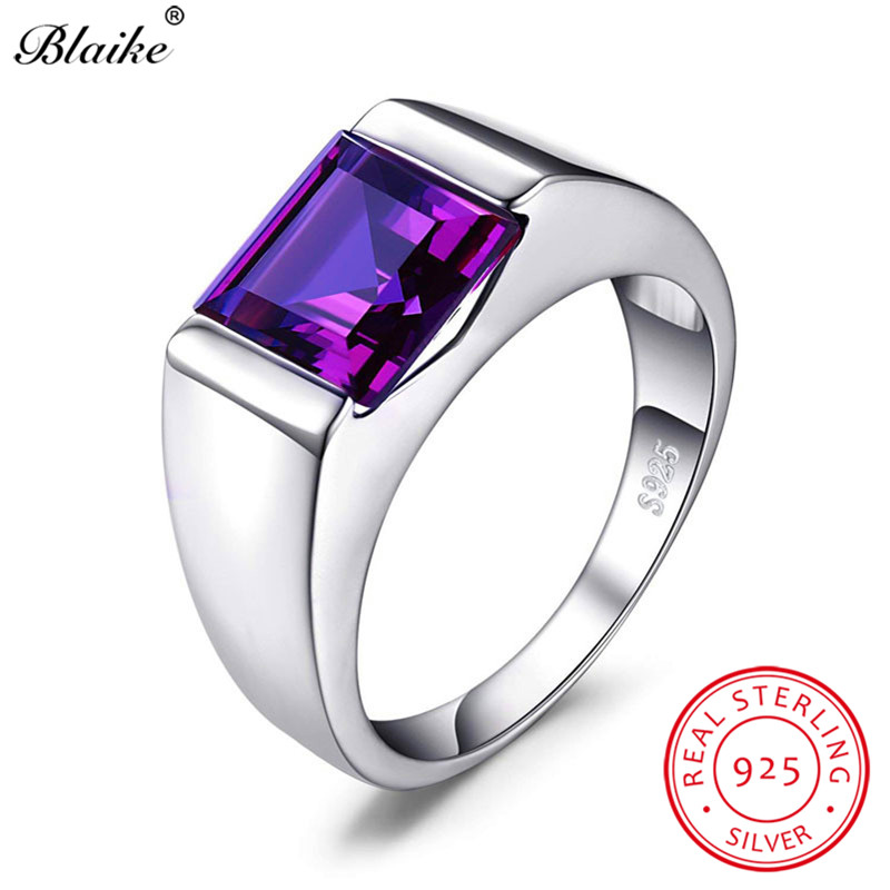 100 Real 925 Sterling Silver Rings For Men Women Square Green Emerald Blue Sapphire Birthstone Wedding Ring Fine Jewelry