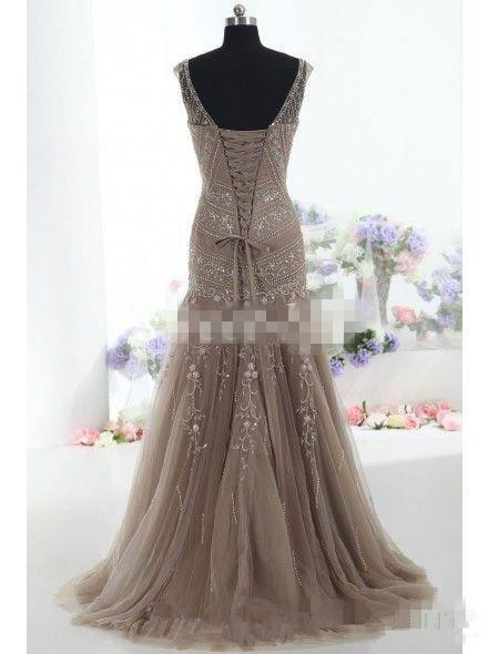 Brown Mermaid Evening Formal Dresses 2019 Real Image V Neck Applique Beads Tulle Corset Trumpet Occasion Prom Wear Gowns