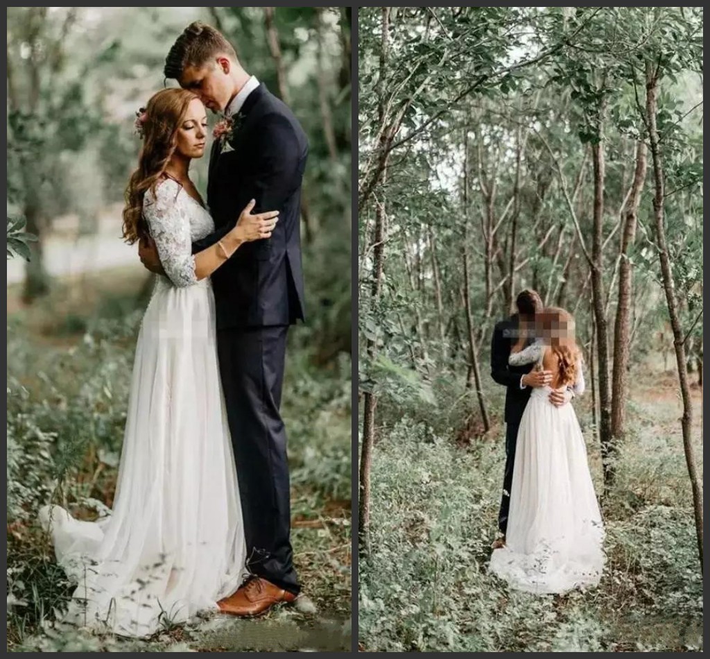 Vintage Backless Wedding Dresses Forest Sheath Long Sleeves Country Bridal Gowns V Neck Lace Chiffon Cheap Bohemian Plus Size Wedding Dress