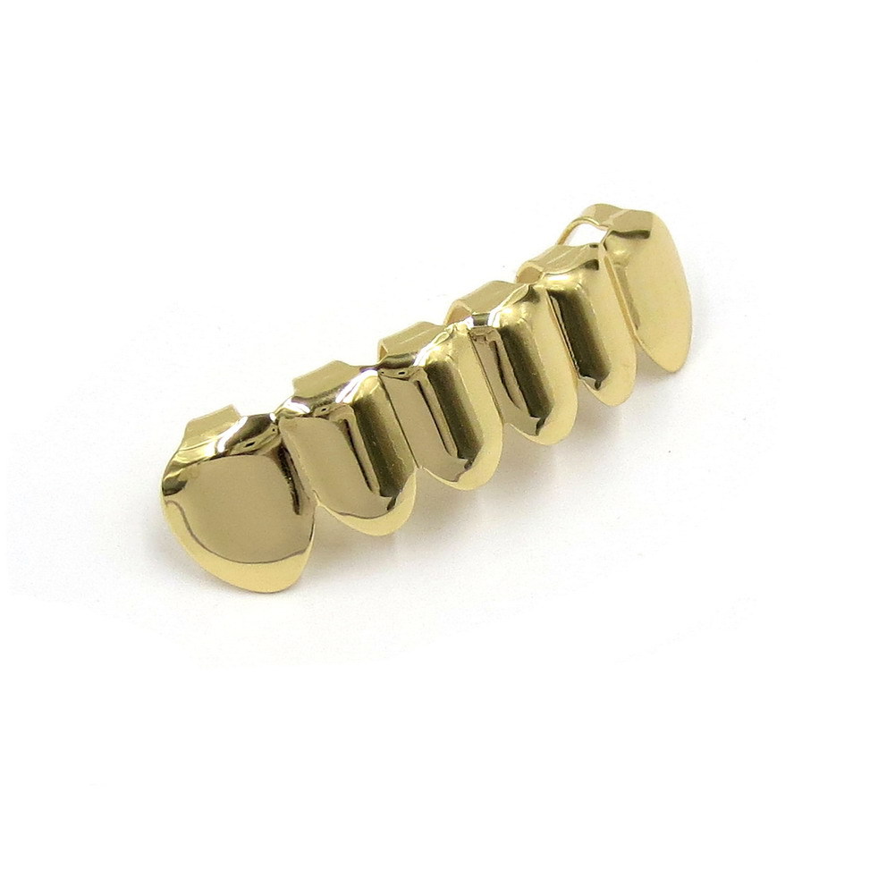 18K Real Gold Grillz Dental Mouth Fang Grills Braces Plain Punk Hiphop Up 2 Bottom 6 Teeth Tooth Cap Cosplay Costume Halloween Party Rapper Body Jewel
