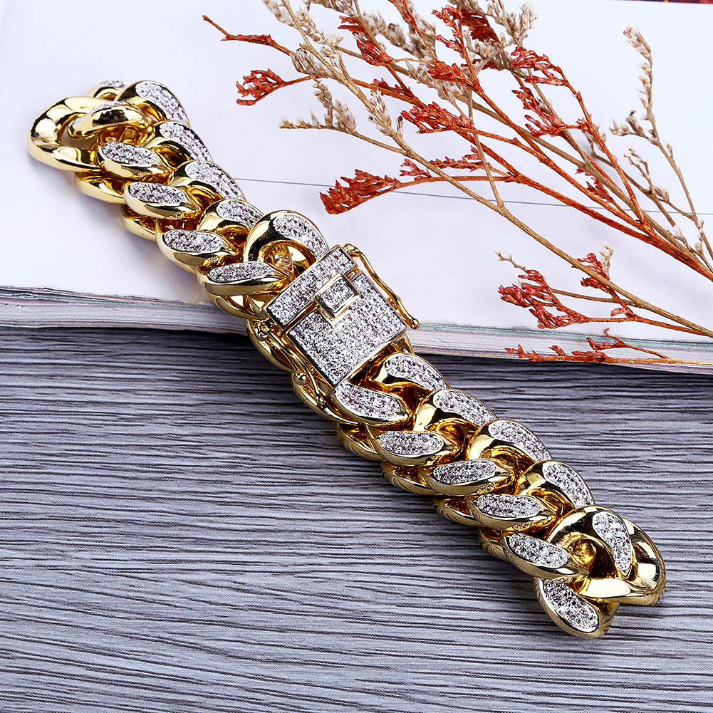Iced Out CZ Zircon Miami Cuban Link Chain Bracelet 10mm 14mm 18mm Rapper New 18k Gold Plated Mens Hip Hop Punk Rock Curb Chains Jewelry Gifts for Boys