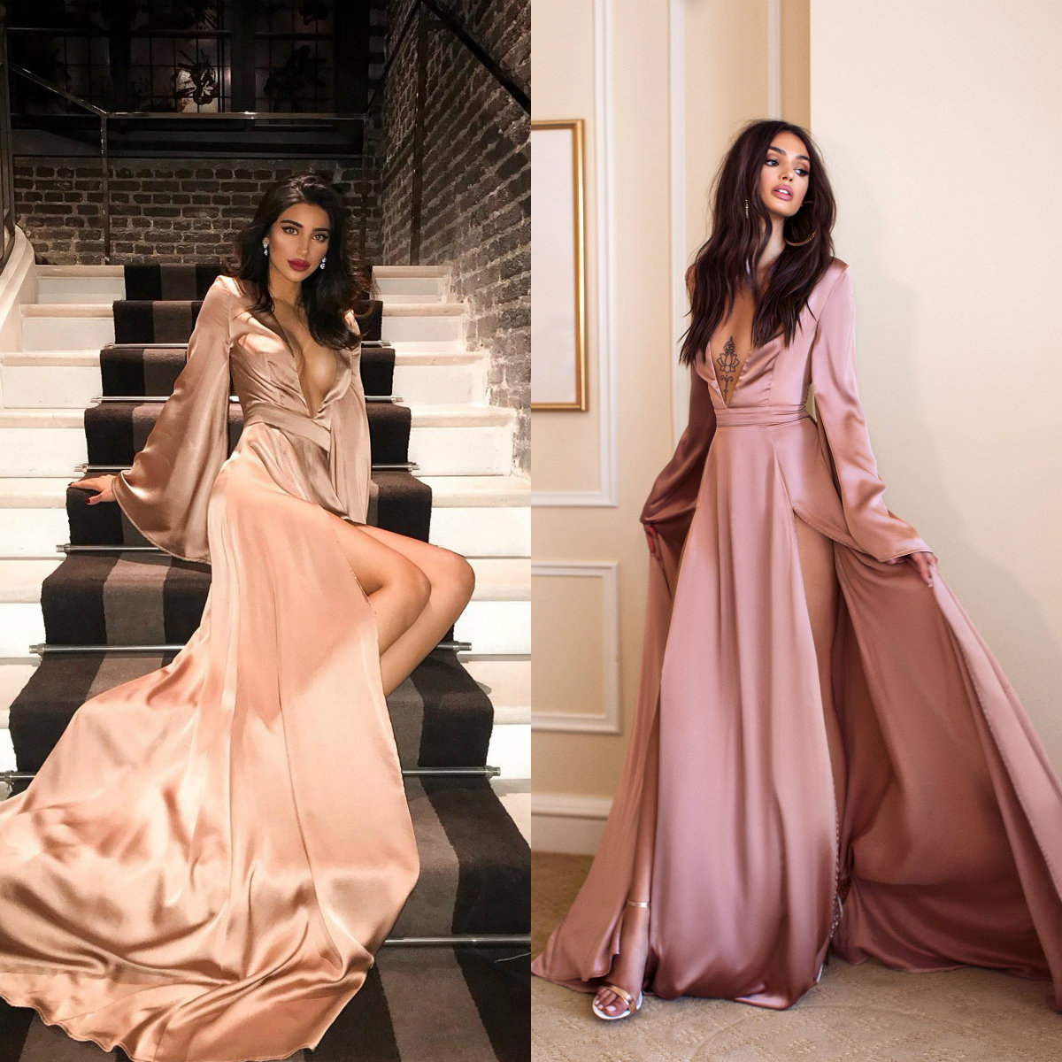 2019 Chic Prom Dresses Deep V Neck Long Sleeve Thigh High Slits Evening Gowns Formal Cocktail Party Dresses robes de soirée