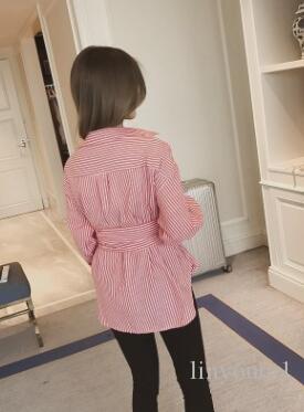 2020 New Fashion Irregular Patchwork Striped High Waist Shirt For Women Female's Long Sleeve Long Blouse With Belt
