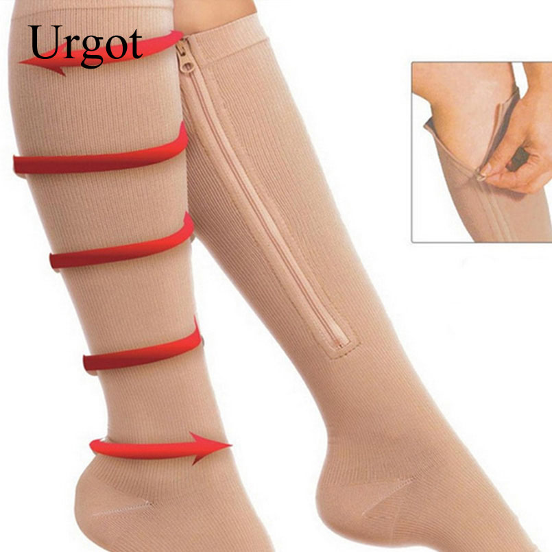 

Urgot 1pairs Zipper Compression Sock Leg Knee Support Open Toe Sox Preventing Varicose Veins Stretch Slim Leg Shaper Burn Fat, D copper black