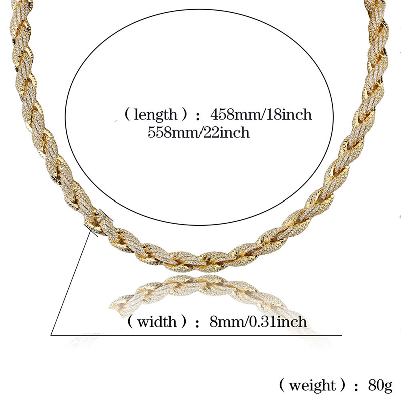 Mens Rope Chains Necklace Gold Silver Color Iced Out Micro Setting Moissanite Diamond Twisted Chains for Men Hip Hop Jewelry