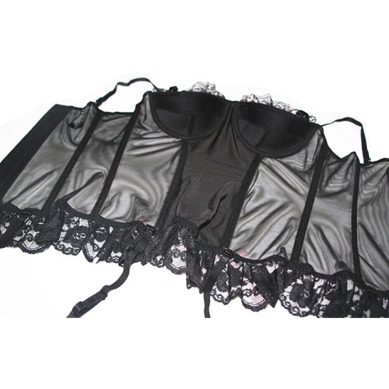 Women Gartered Push-up Bra Ruffle Lace Hem Mesh 6pcs Plastic Fully Boned Bustier with Thong Set Sexy Lingerie Corset with Pink Bows Accents