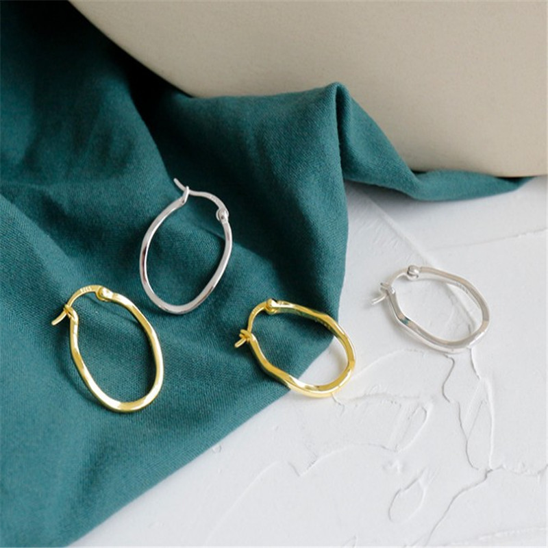 Authentic 925 Sterling Silver Hollow Circle Earrings For Women Girls Geometric Irregular Concave Convex Oval Hoop Earring