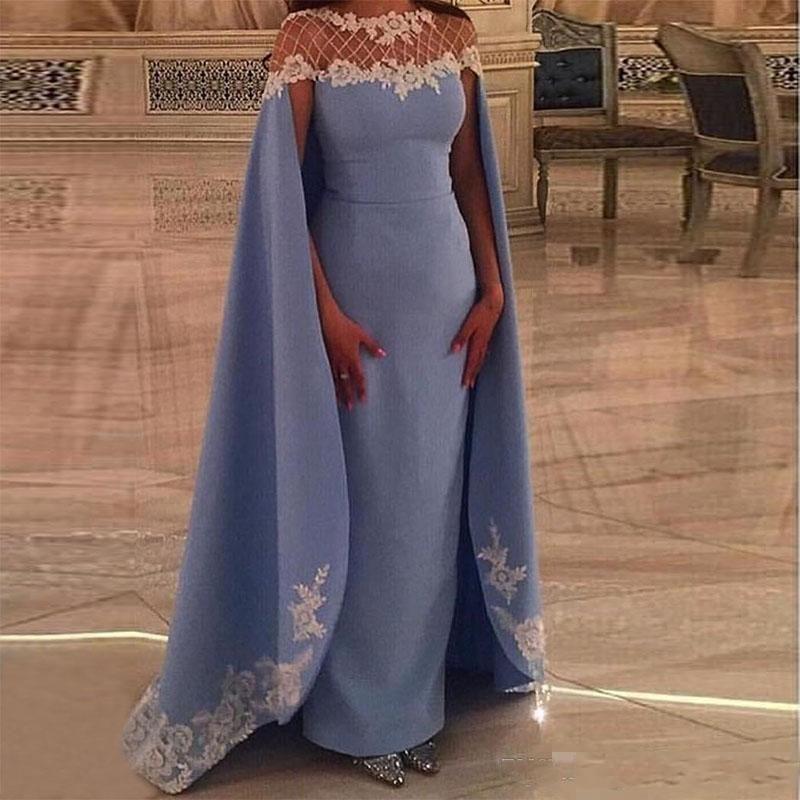 Light Sky Blue Fashion Sheath Prom Dresses With Cape/Wraps Handmade Appliques Women Formal Dresses Evening Wear Beads African Party Gowns