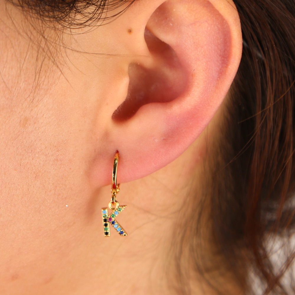 26 Initial dangle earring colorful cz paved Alphabet charms simple customize name letter jewelry